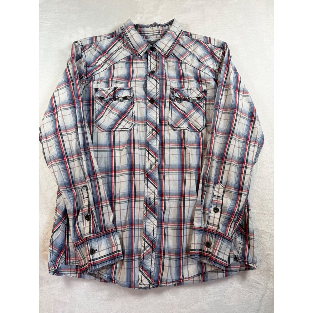 BKE Mens Slim Fit Plaid Western Button Down Shirt White Blue Red Large